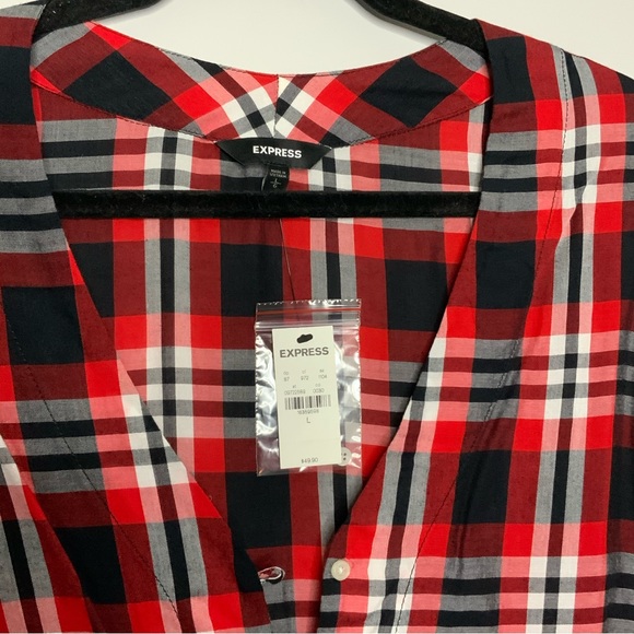 [Express] Red Plaid Button Front Tie - Picture 3 of 3